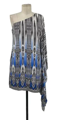 Jay Godfrey Paradis Silk One Shoulder Aztec Print Mini Dress Gray Blue Size 6