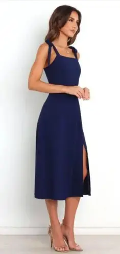 Petal and Pup  Laurel Navy Blue Tie Shoulder Side Slit Midi Dress 4