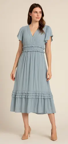 Böhme Ruffle Midi Dress Blue Short Sleeve V