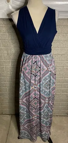 GILLI Womens Navy Print Sleeveless Surplice 2fer Shay Maxi Dress Size Small Black