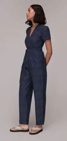 Whistles Womens Puff Sleeve Eyelet Zip Up Zoe Broderie Jumpsuit Navy Size 8 NWOT Blue
