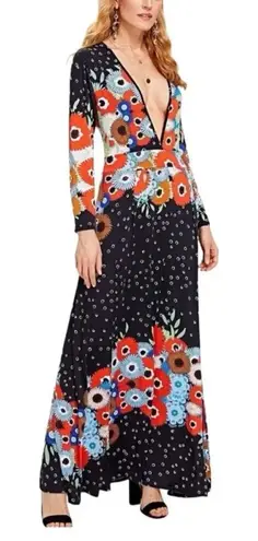 Source Unknown Deep V Neckline Floral Print Maxi Dress, Size Medium Pre-owned - Image 1