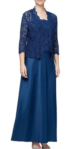 Alex Evenings Navy Blue Lace Glitter Two Piece Jacket Sleeveless Satin Dress 6