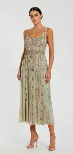 Mac Duggal 10078 Green Embellished Mesh Sleeveless Scoop Neck Midi Dress