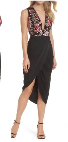 Sau Lee Mila Embroidered Tulip Skirt Dress Asymmetrical Mesh Size 0 US 4 UK Black