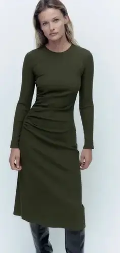 ZARA NWOT  Ruched Dress - Ribbed, L, Khaki Olive Green