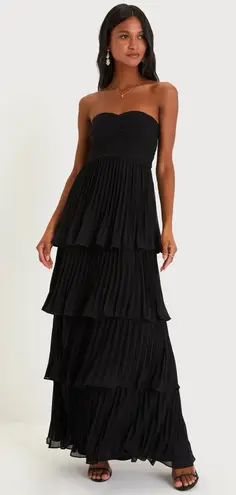 Lulus Seriously Sensational Black Strapless Tiered Maxi Dress Size M