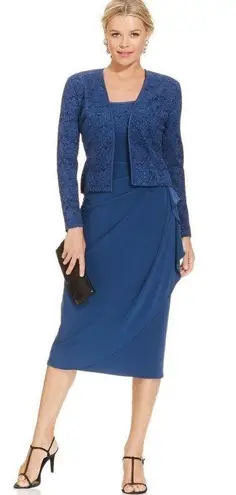 Alex Evenings New! Women's Glittered Lace 2-Piece Jacket & Dress Size 8 Blue