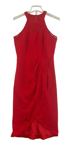 Red Lace Halter Midi Dress BBonfinedress Ruched Tulip Hem Cocktail Womens M NWOT Size M