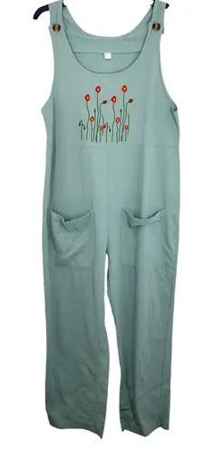 Floral Embroidered Jumpsuit Wide Leg Overalls Romper Sleeveless Casual Gardening Green