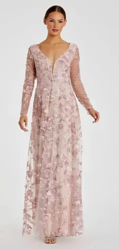 Mac Duggal 70224 Rose Pink Floral Applique Long Sleeve Illusion Gown Size 8 NWT