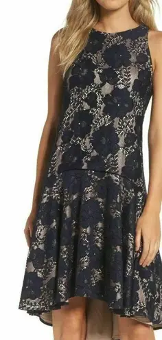 Eliza J Dress 2 Navy Floral Lace High Low Drop Waist Special Occasion Cocktail