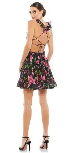 Mac Duggal Ruffle Cutout Lace-Up Mini Dress in Black Multi Size US 10