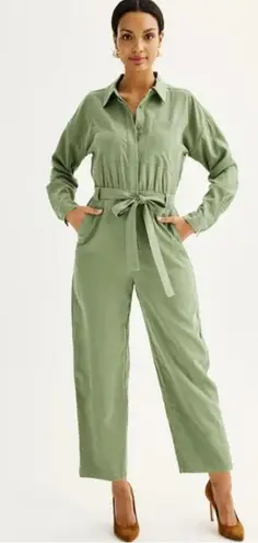 Nine West Long Sleeve Utility Olive Green Tie Waist Jumpsuit Size Medium