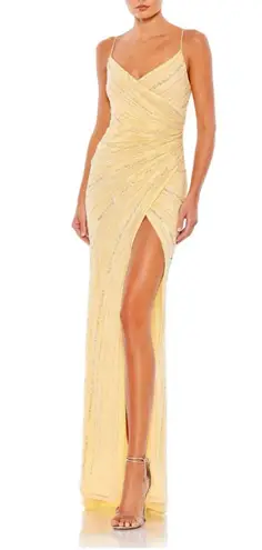 Mac Duggal Butter Yellow Gown Beaded Faux Wrap Size 14 Pastel Wedding Prom Gala