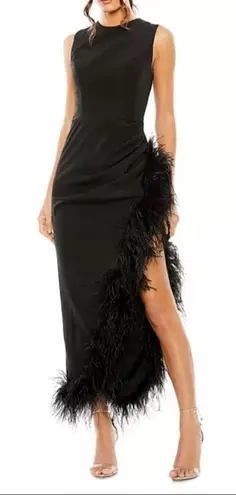 Mac Duggal 11626 Black Sleeveless Faux Wrap Dress with Feather Detail