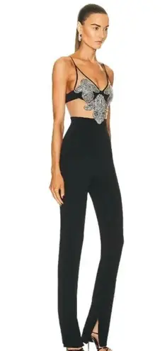 DAVID KOMA Crystal Flower Embroidered Patches Jumpsuit in Black Silver 2 New