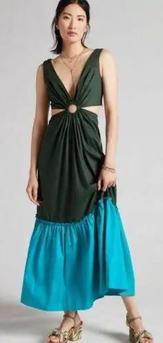 Anthropologie NEW  Geisha Designs Flounced Cut-Out Maxi Dress in Green Teal 10