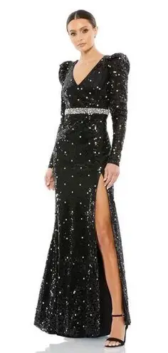 Mac Duggal NEW V Neck Sequin & Rhinestone Embellished High Slit Maxi Gown Black