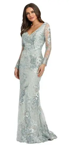 Mac Duggal 67539 Sea Mist Embellished Illusion V Neck Long Sleeve Gown 14 $698