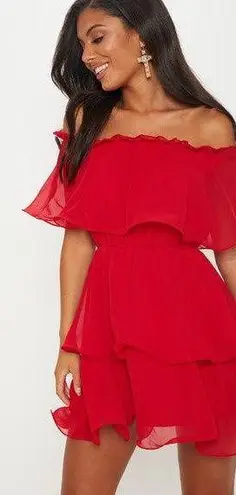 Pretty Little Thing  Red Off the Shoulder Chiffon Ruffle Mini SZ XS