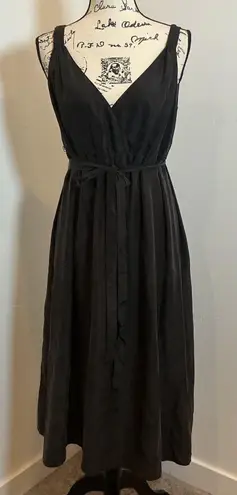 Garnet Hill Black Wrap Maxi Dress Sz 12 V Neck Sleeveless Tie Waist 100% silk