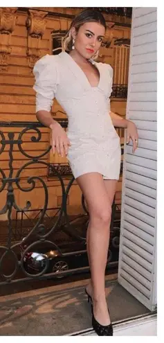 Revolve L'Academie The Coco Mini Dress XS Beige Puff Sleeves Snap Buttons