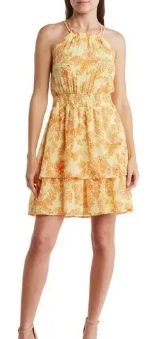 Collective Concepts Womens Floral Smocked Waist Halter Dress Yellow Medium NWOT