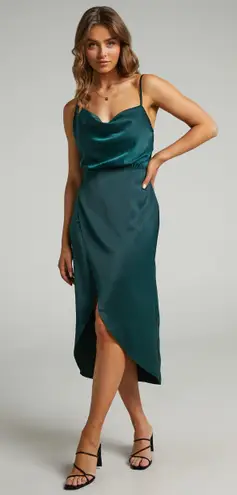 Showpo Sisters By Heart Asymmetric Cowl Neck Midi Dress in Emerald Satin