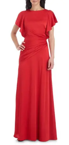 Theia Red Asymmetrical Ruched Flutter Sleeve Gown Size 8 Formal Event Black Tie