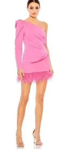 Mac Duggal Feather Trim One-Shoulder Long Sleeve Minidress Candy Pink Size US 4