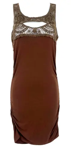 Arden B Brown Crochet Y2K Bodycon Dress XS Cutout Festival Boho Sexy Club Ruched