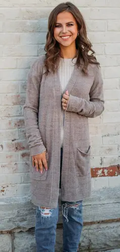 Barefoot Dreams CozyChic Lite Hooded Long Resort Cardigan Taupe Large Lounge