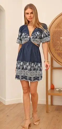 Greylin Mariposa Embroidered Cutout lace navy blue cream dress large L anthro
