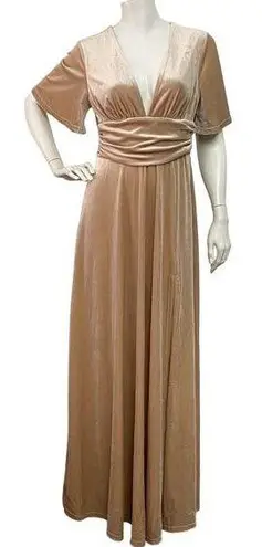 Baltic Born Women's Medium Tan V-Neck Bridesmaid Short Sleeve Velvet Maxi Dress