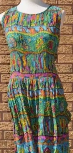 Bila Crinkle Maxi Dress Boho lisa Frank Tropical Fish Hawaii Vtg 90s Seashell L Size L
