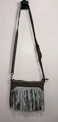 SHARIF BROWN FRINGE STUDDED CROSSBODY SHOULDER PURSE Grey Gray