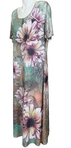 Max & K Green Floral Embellished Short Sleeve Poly Spandex Blend Maxi Dress XXL