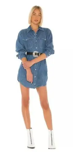 GRLFRND Mariana Button Down Western Snap Front Denim Shirt Dress Blue Women's XS