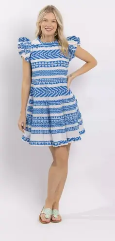 Sail To Sable Geo Stripe Ruffle Neck Dress 100% Cotton Blue White Size XS EUC