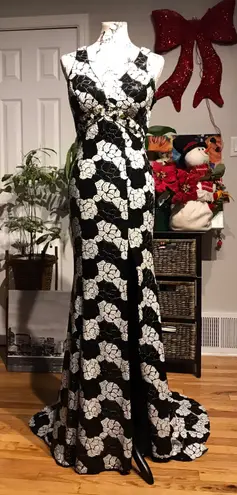 Alyce Designs Vintage Y2k Sequins Floral Print Cutouts Whimsygoth Embellished Beads Formal Evening Prom Coastal Backless