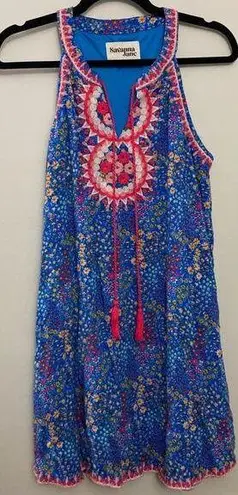 Vibrant Savannah Jane Small Shop  Blue Floral Summery Shift Dress w/ Embroidery L