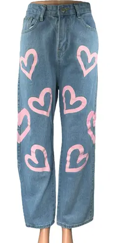 Colorful Natalie Blue Pink Hearts High Waisted Baggy Wide Leg Denim Jeans Size L Size L
