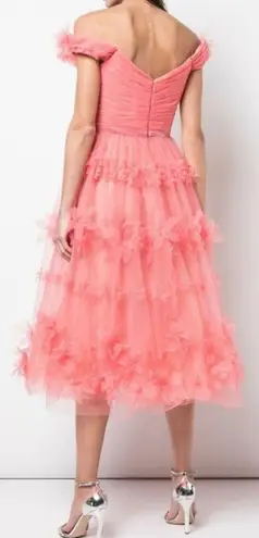 Marchesa Notte Off Shoulder Tulle 3D Floral Midi Gown Dress Size 0 Pink Tiered