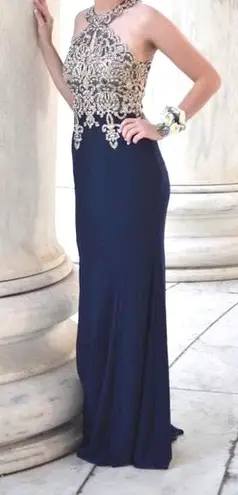 XScape Navy Blue And Gold Prom Dress