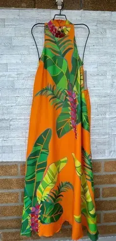 Farm Rio ANTHROPOLOGIE Tropical Leaves Print Halter Maxi Dress XXS Orange