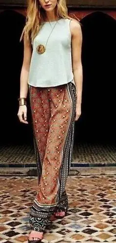 Elevenses Anthropologie Wide Leg Pants Size 12 Boho Flowy Orange Blue Casual