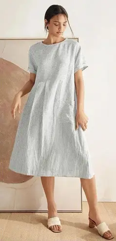 Lintico Morgan 100% Linen Striped Short Sleeve Midi Dress Boho Lagenlook Size S Blue