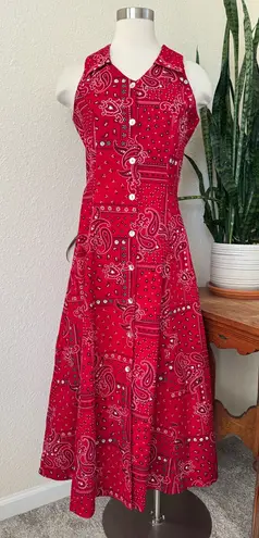 Vintage Red Bandana Print Halter Maxi Dress M – Western Boho Y2K Size M