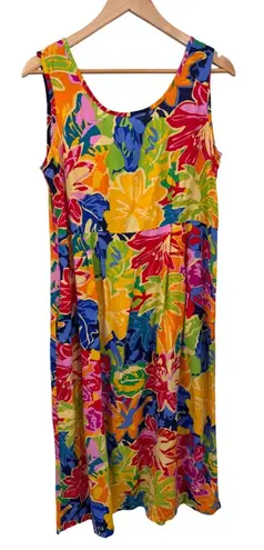 Vintage Hilo Hattie Hawaiian Dress Medium Yellow Hibiscus Print Crinkle Rayon